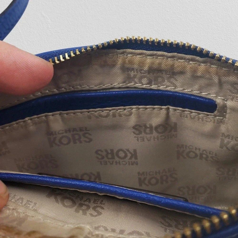 Michael Kors Fulton Cobalt Blue‎ Pebbled Leather Wristlet Gold MK Logo Pouch